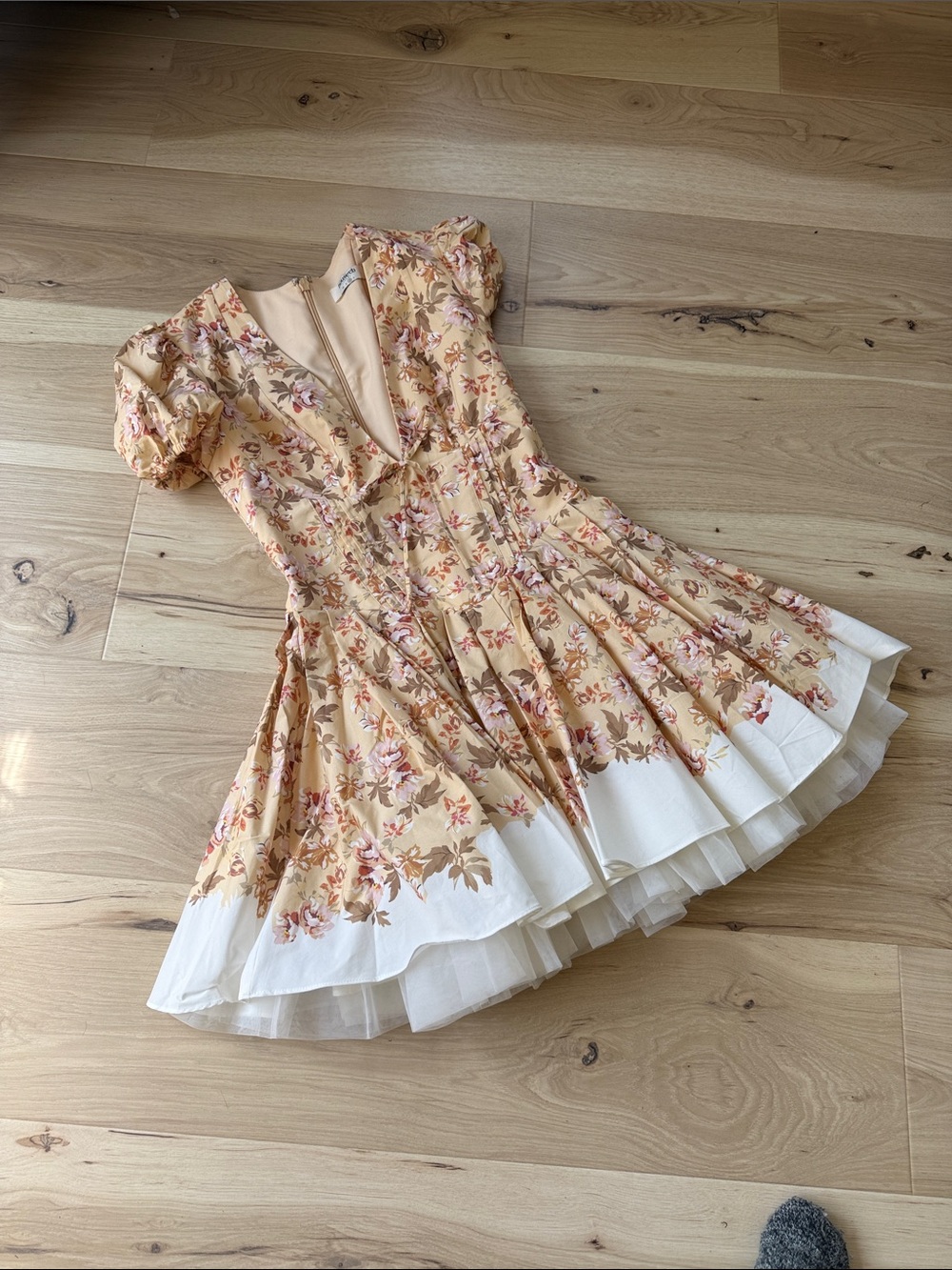 House of CB Peach Floral Mini Dress with White Hem